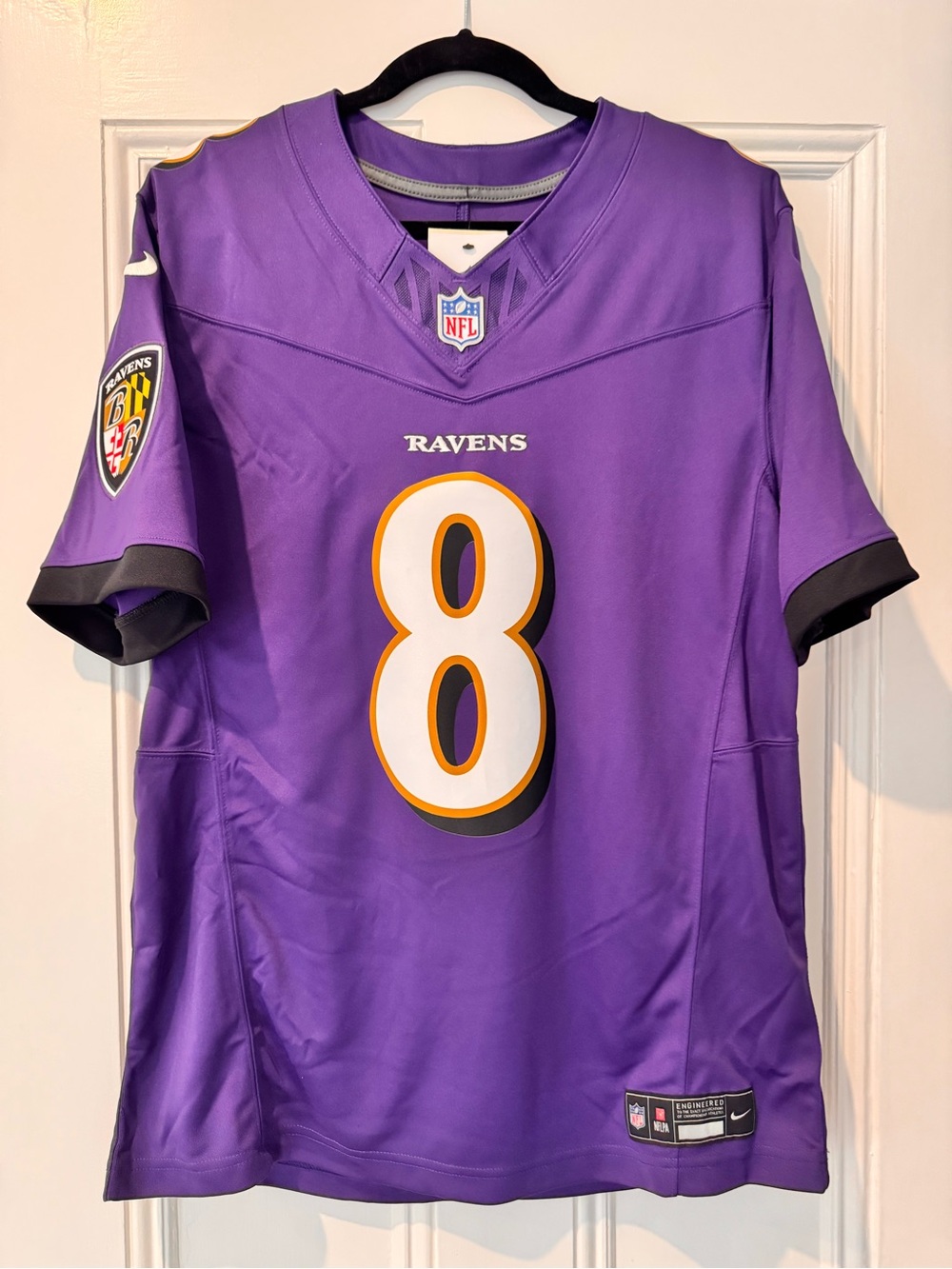 Nike DriFit Baltimore Ravens #8 Lamar Jackson Purple and Gold Football Jersey